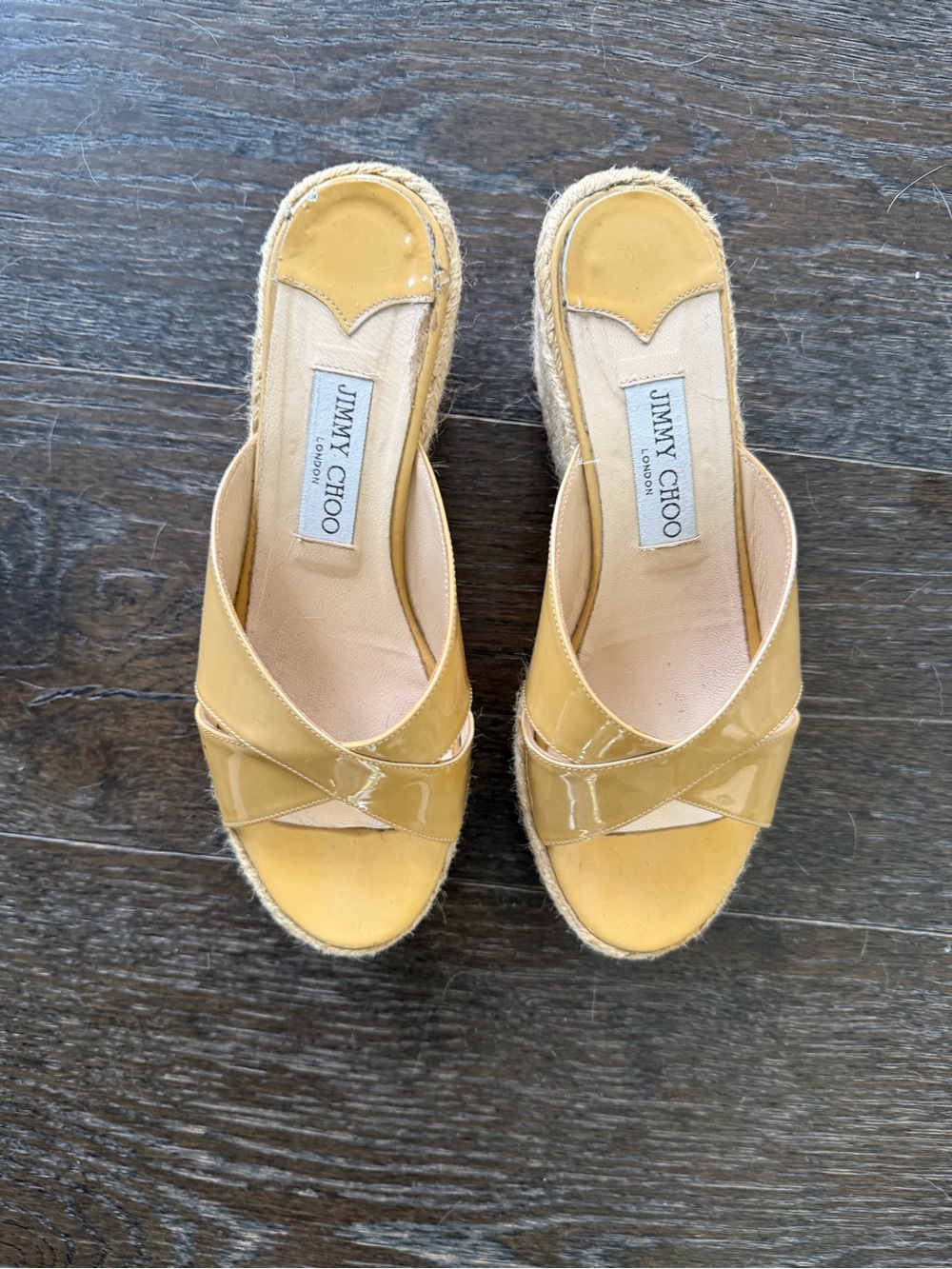Jimmy Choo Yellow Patent Crisscross Espadrille Mules